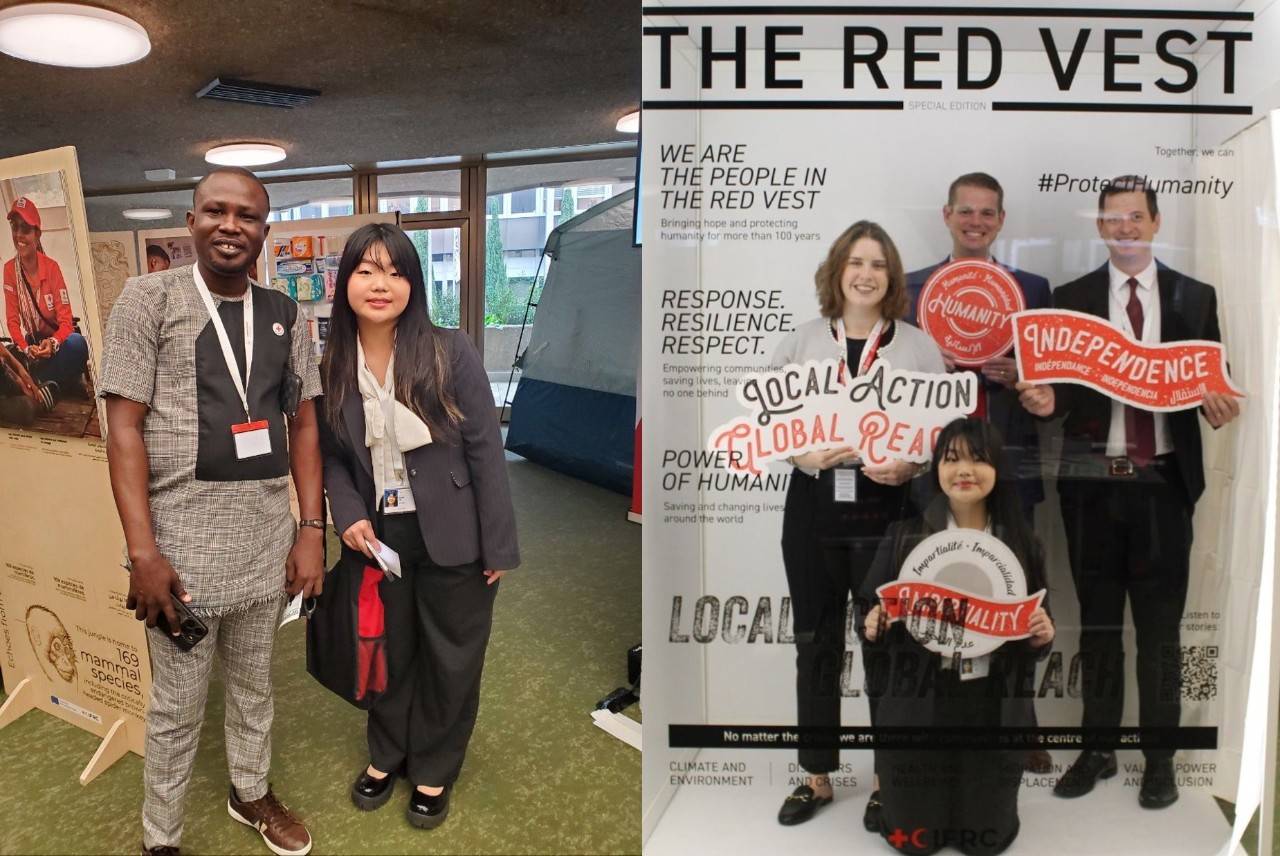a collage of two photos taken in Geneva, the one on the left shows Rachel with a leader of another national society and the other is a fun photo Rachel took with three other American Red Crossers at the event as a photo booth.